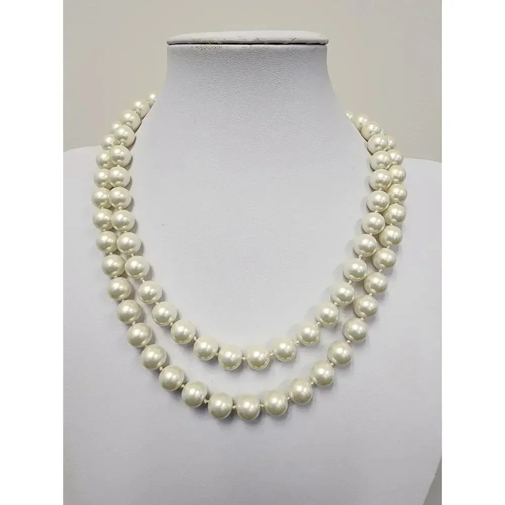 Vintage Faux Large Pearl Necklace – Double Strand – Green Flower –16 inch Approx